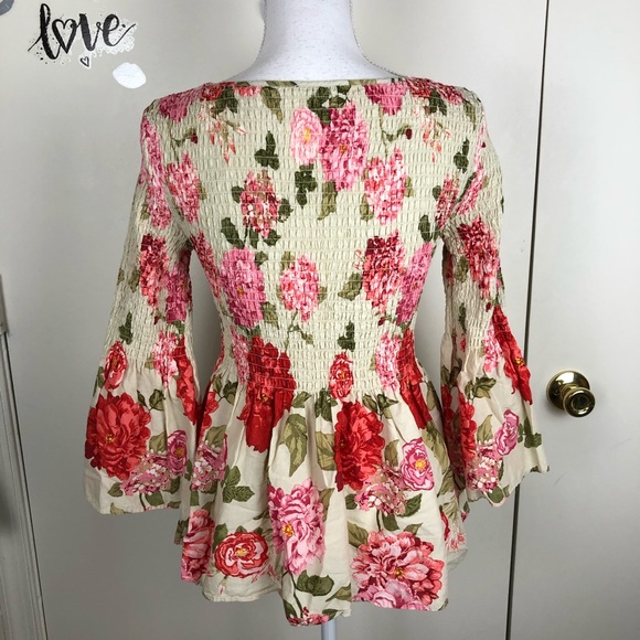 JANE & DELANCEY WOMENS FLORAL SMOCKED BELL SLEEVE PULLOVER BLOUSE TOP SZ S MULTI - Picture 4 of 7